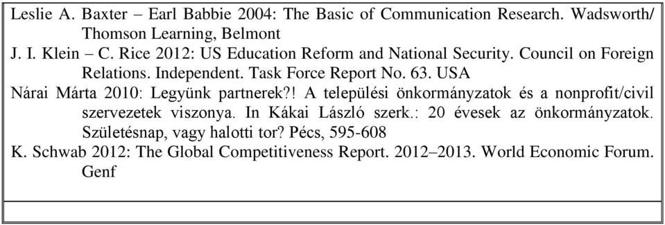 USA Nárai Márta 2010: Legyünk partnerek?! A települési önkormányzatok és a nonprofit/civil szervezetek viszonya. In Kákai László szerk.