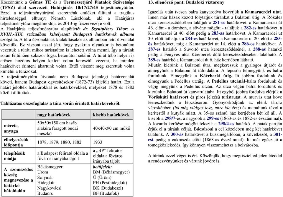 A Határjárás teljesítménytúra alapötletét dr. Szentpétery Tibor: A XVIII.-XIX. században kihelyezett Budapesti határkövek albuma szolgálta.