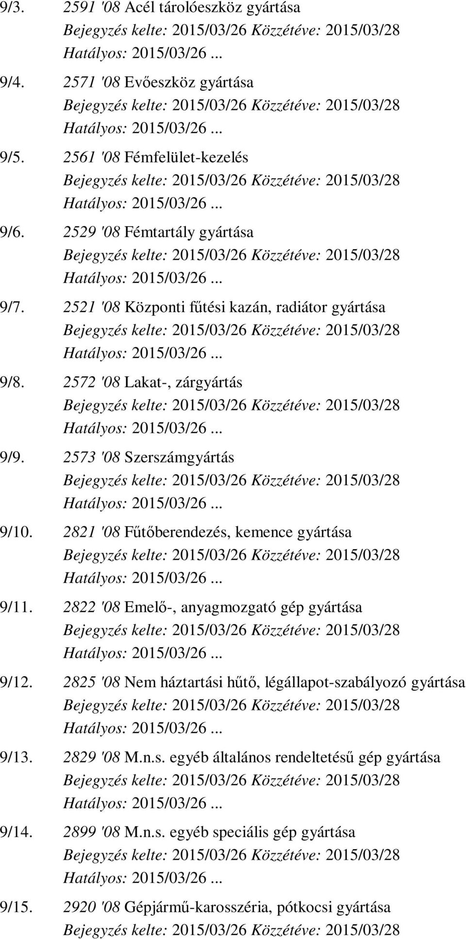 2821 '08 Fűtőberendezés, kemence gyártása 9/11. 2822 '08 Emelő-, anyagmozgató gép gyártása 9/12.