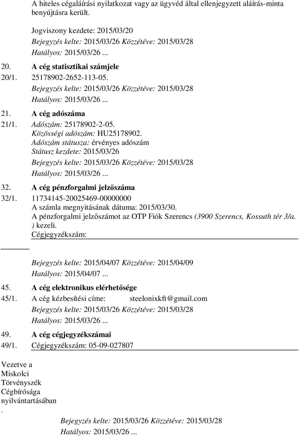 11734145-20025469-00000000 A számla megnyitásának dátuma: 2015/03/30. A pénzforgalmi jelzőszámot az OTP Fiók Szerencs (3900 Szerencs, Kossuth tér 3/a. ) kezeli.