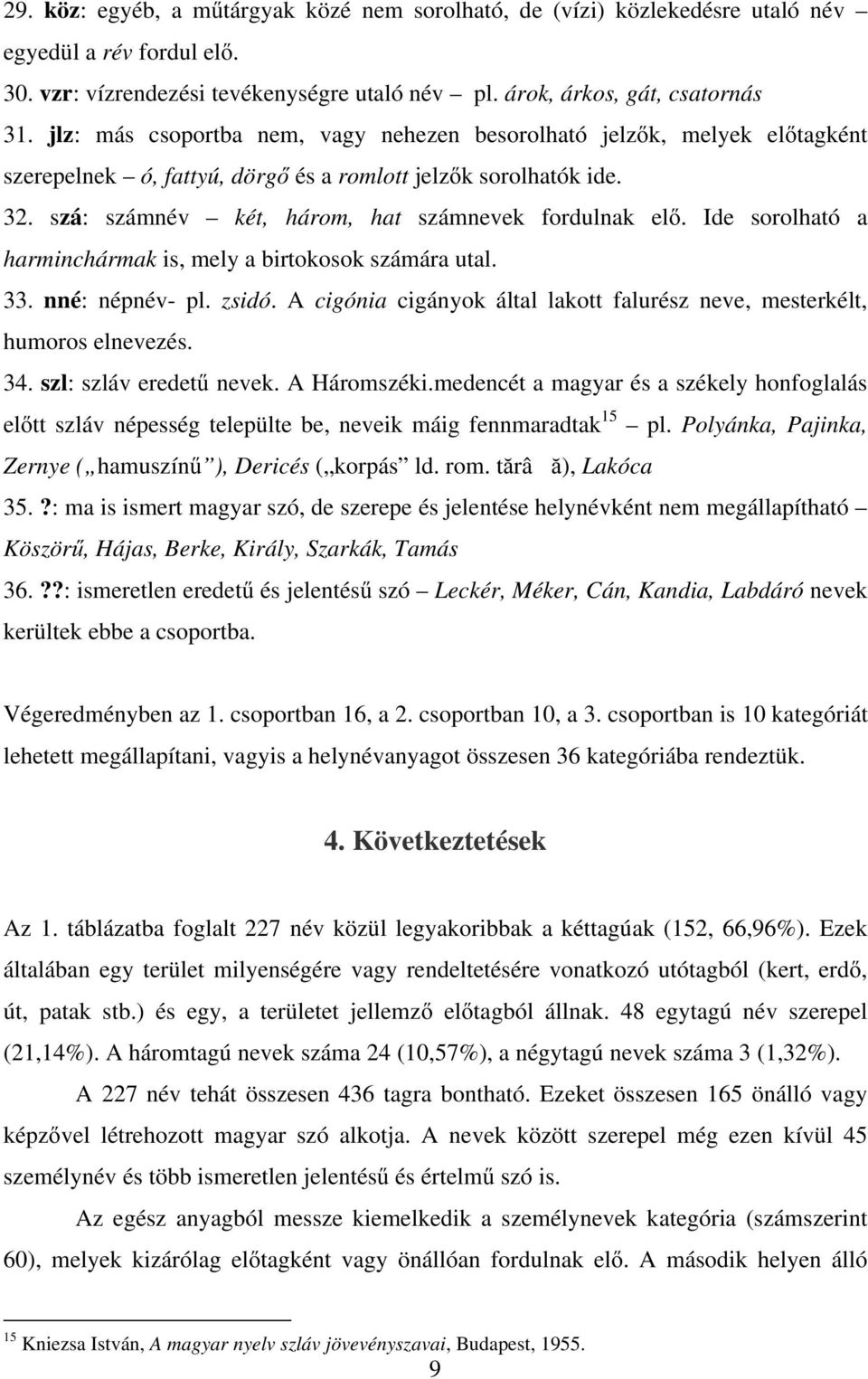 Ide sorolható a harminchármak is, mely a birtokosok számára utal. 33. nné: népnév- pl. zsidó. A cigónia cigányok által lakott falurész neve, mesterkélt, humoros elnevezés. 34.