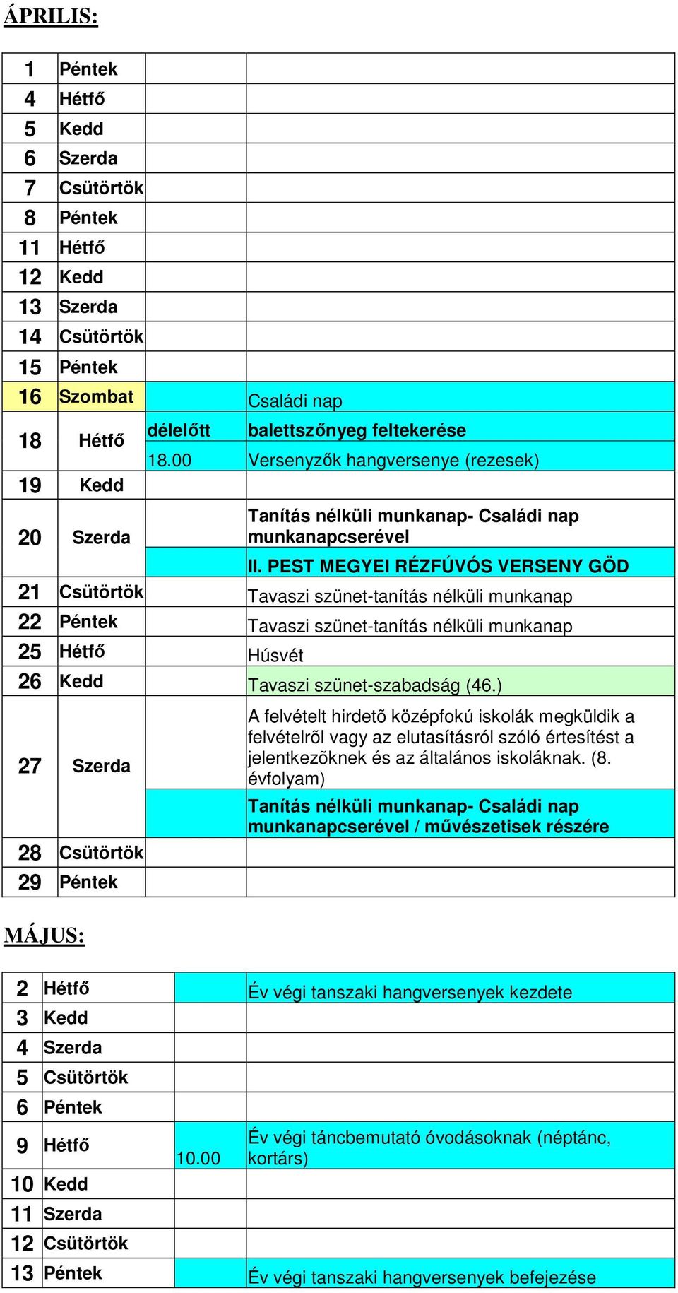 PEST MEGYEI RÉZFÚVÓS VERSENY GÖD 21 Csütörtök Tavaszi szünet-tanítás nélküli munkanap 22 Péntek Tavaszi szünet-tanítás nélküli munkanap 25 Hétfı Húsvét 26 Kedd Tavaszi szünet-szabadság (46.