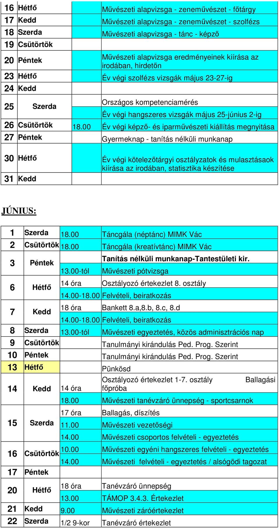 18.00 Év végi képzı- és iparmővészeti kiállítás megnyitása 27 Péntek Gyermeknap - tanítás nélküli munkanap 30 Hétfı Év végi kötelezıtárgyi osztályzatok és mulasztásaok kiírása az irodában,