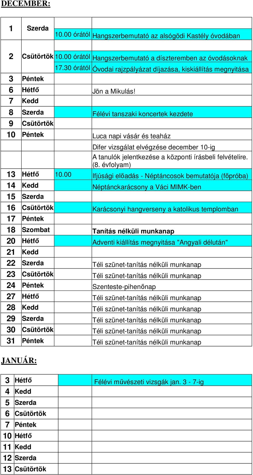 7 Kedd 8 Szerda Félévi tanszaki koncertek kezdete 9 Csütörtök 10 Péntek Luca napi vásár és teaház Difer vizsgálat elvégzése december 10-ig A tanulók jelentkezése a központi írásbeli felvételire. (8.