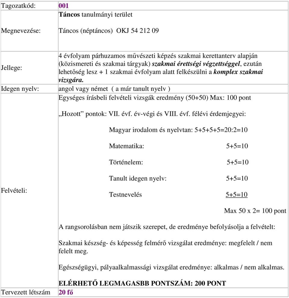 Idegen nyelv: angol vagy német ( a már tanult nyelv ) Egységes írásbeli felvételi vizsgák eredmény (50+50) Max: 100 pont Magyar irodalom és nyelvtan: 5+5+5+5=20:2=10 Testnevelés 5+5=10 Max 50 x 2=