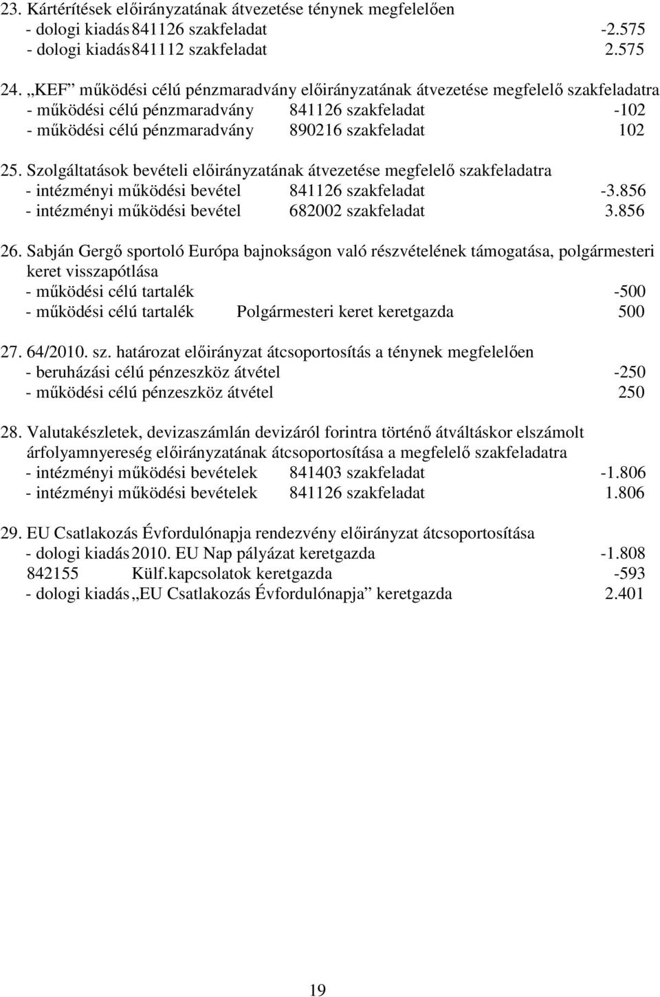 Szolgáltatások bevételi elıirányzatának átvezetése megfelelı szakfeladatra - intézményi mőködési bevétel 841126 szakfeladat -3.856 - intézményi mőködési bevétel 682002 szakfeladat 3.856 26.