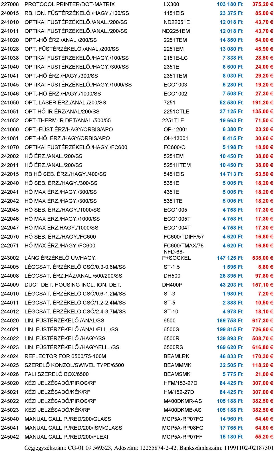 /HAGY./100/SS 2151E-LC 7 838 Ft 28,50 241040 OPTIKAI FÜSTÉRZÉKELŐ./HAGY./300/SS 2351E 6 600 Ft 24,00 241041 OPT.-HŐ ÉRZ./HAGY./300/SS 2351TEM 8 030 Ft 29,20 241045 OPTIKAI FÜSTÉRZÉKELŐ./HAGY./1000/SS ECO1003 5 280 Ft 19,20 241046 OPT.