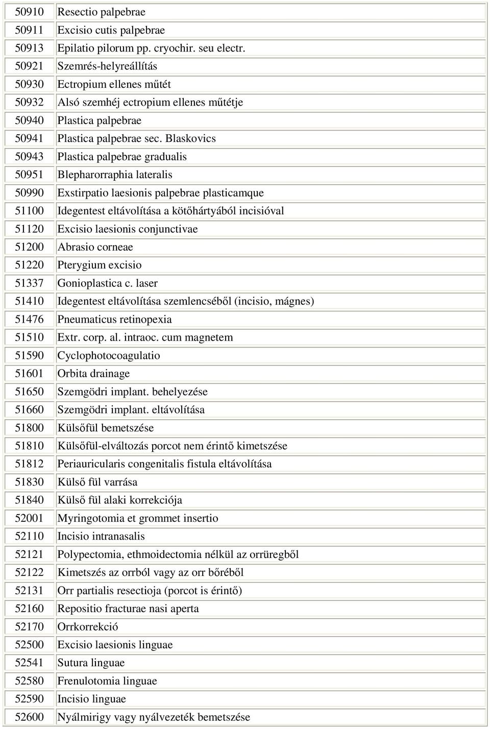 Blaskovics Plastica palpebrae gradualis Blepharorraphia lateralis Exstirpatio laesionis palpebrae plasticamque Idegentest eltávolítása a kötıhártyából incisióval Excisio laesionis conjunctivae