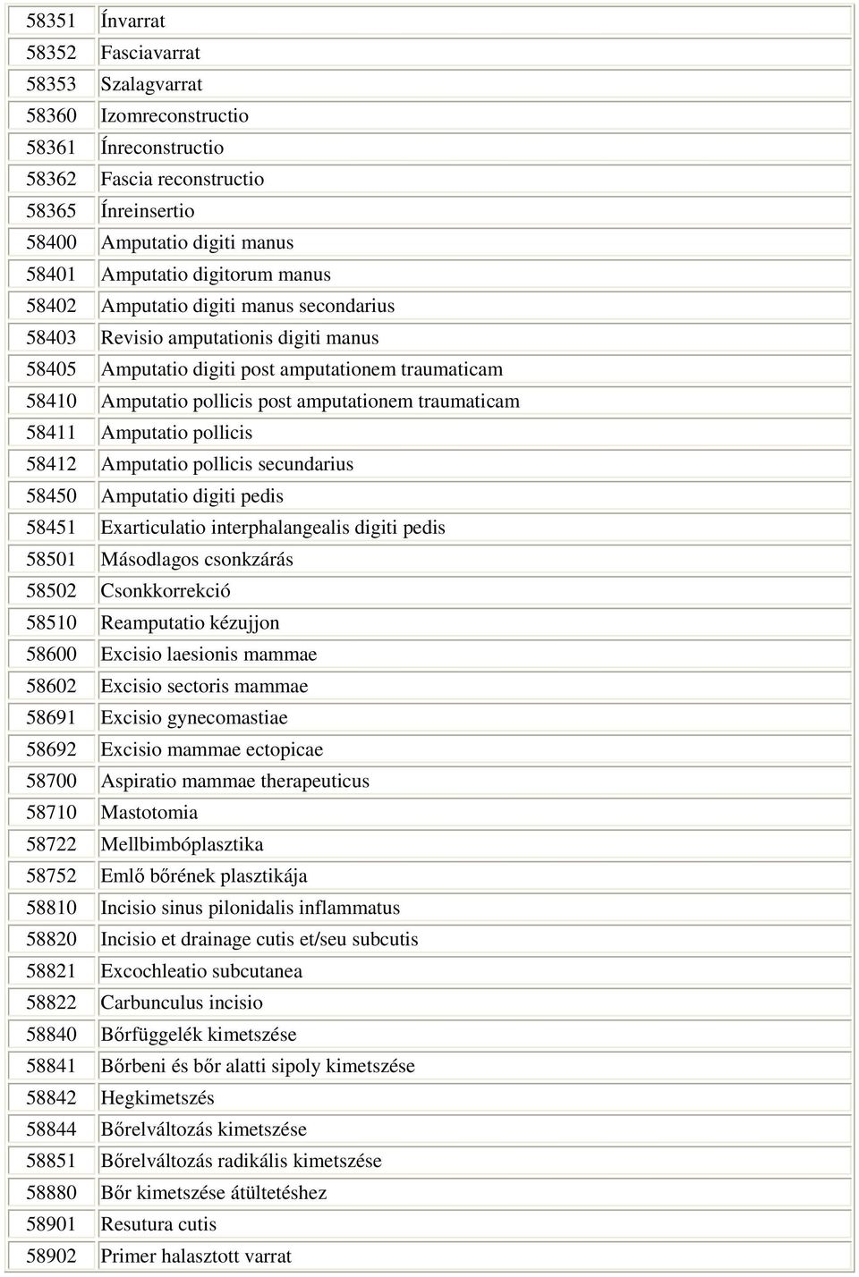 Exarticulatio interphalangealis digiti pedis Másodlagos csonkzárás Csonkkorrekció Reamputatio kézujjon Excisio laesionis mammae Excisio sectoris mammae Excisio gynecomastiae Excisio mammae ectopicae