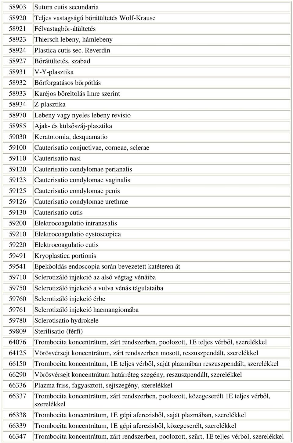 desquamatio Cauterisatio conjuctivae, corneae, sclerae Cauterisatio nasi Cauterisatio condylomae perianalis Cauterisatio condylomae vaginalis Cauterisatio condylomae penis Cauterisatio condylomae