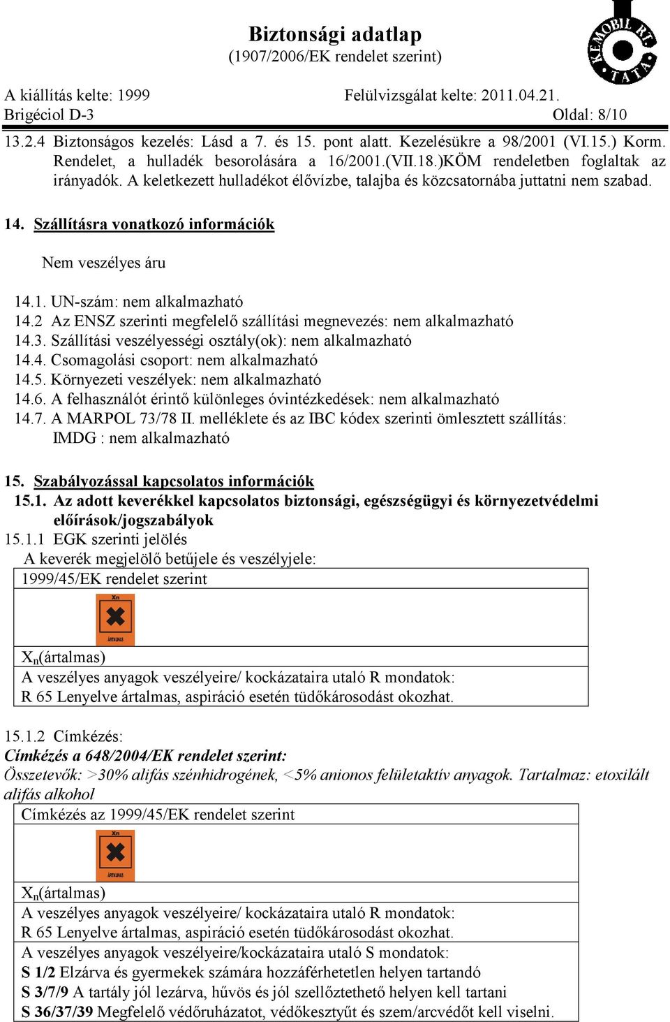 Biztonsági adatlap (1907/2006/EK rendelet szerint) - PDF Free Download