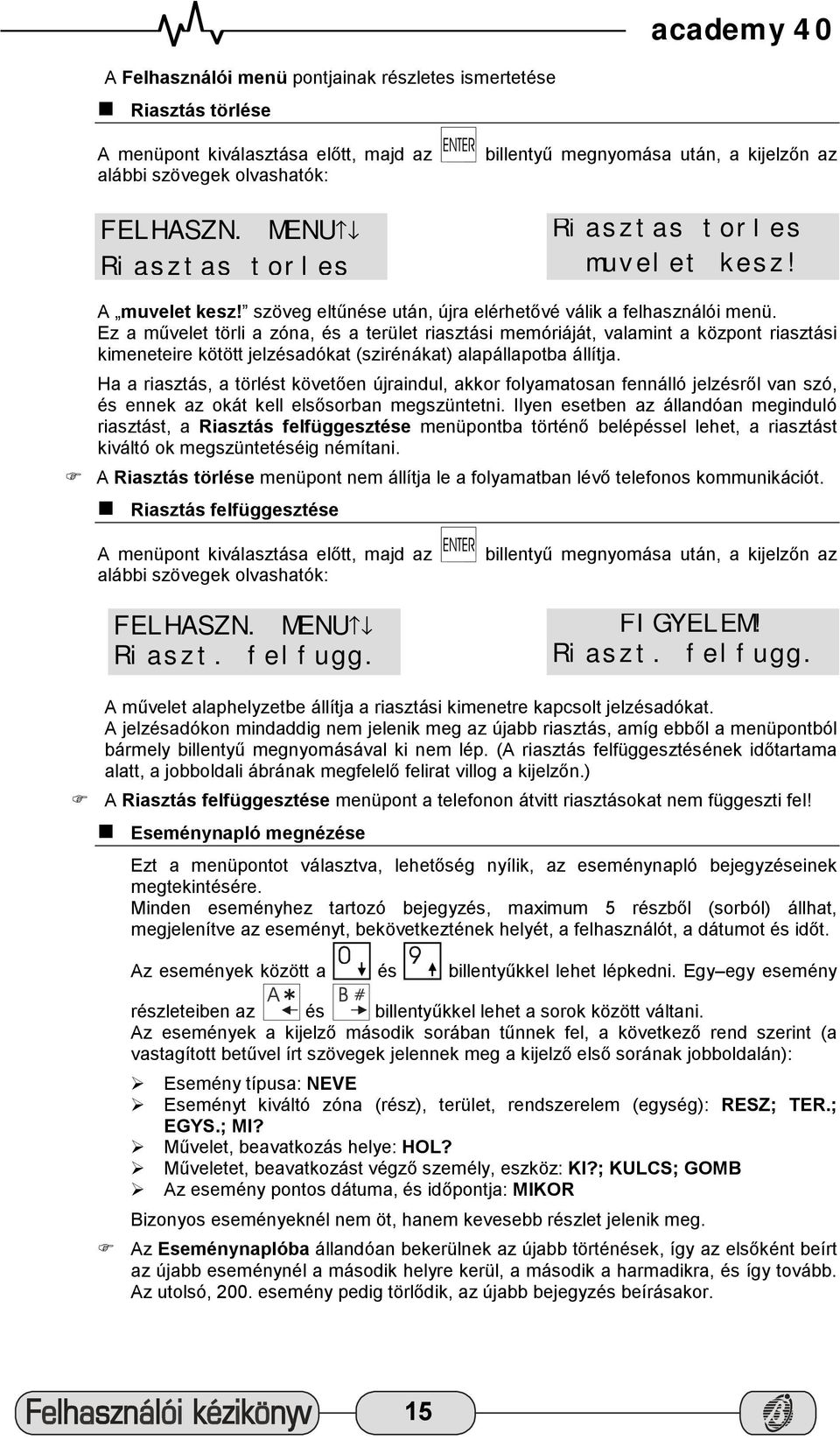 Ez a művelet törli a zóna, és a terület riasztási memóriáját, valamint a központ riasztási kimeneteire kötött jelzésadókat (szirénákat) alapállapotba állítja.
