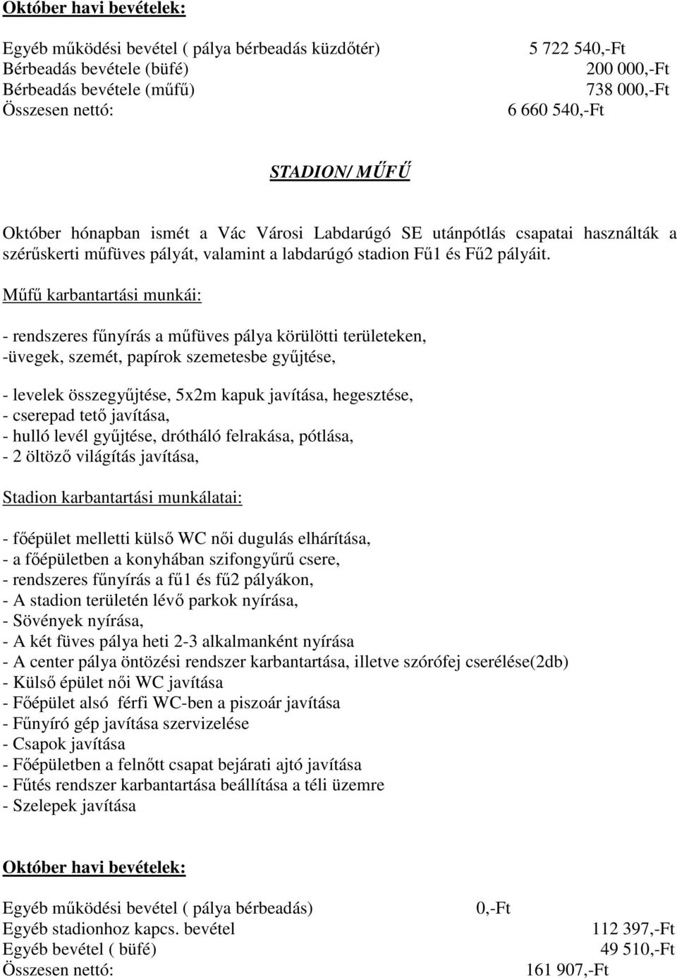 Műfű karbantartási munkái: - rendszeres fűnyírás a műfüves pálya körülötti területeken, -üvegek, szemét, papírok szemetesbe gyűjtése, - levelek összegyűjtése, 5x2m kapuk javítása, hegesztése, -