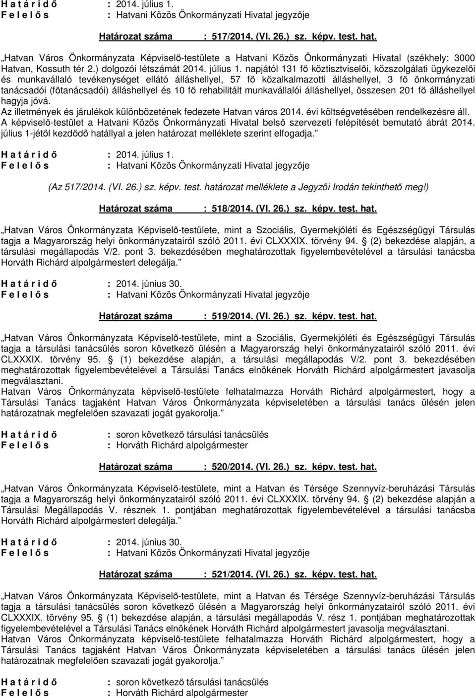 napjától 131 fő köztisztviselői, közszolgálati ügykezelői és munkavállaló tevékenységet ellátó álláshellyel, 57 fő közalkalmazotti álláshellyel, 3 fő önkormányzati tanácsadói (főtanácsadói)