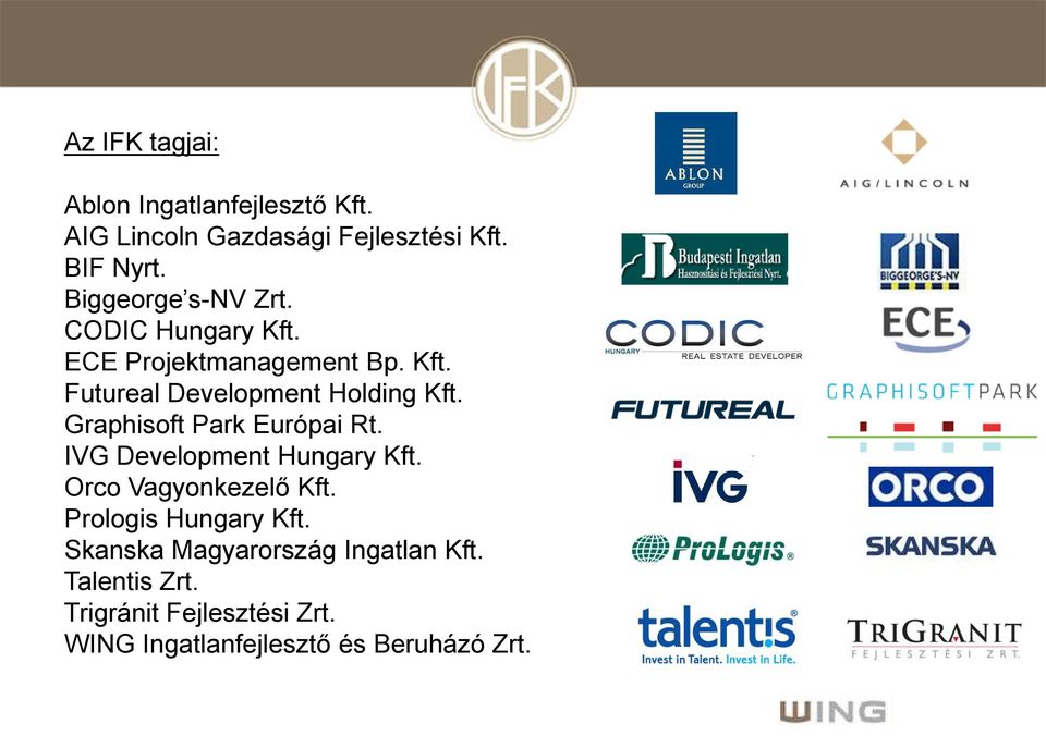 Graphisoft Park Európai Rt. IVG Development Hungary Kft. Orco Vagyonkezelő Kft. Prologis Hungary Kft.