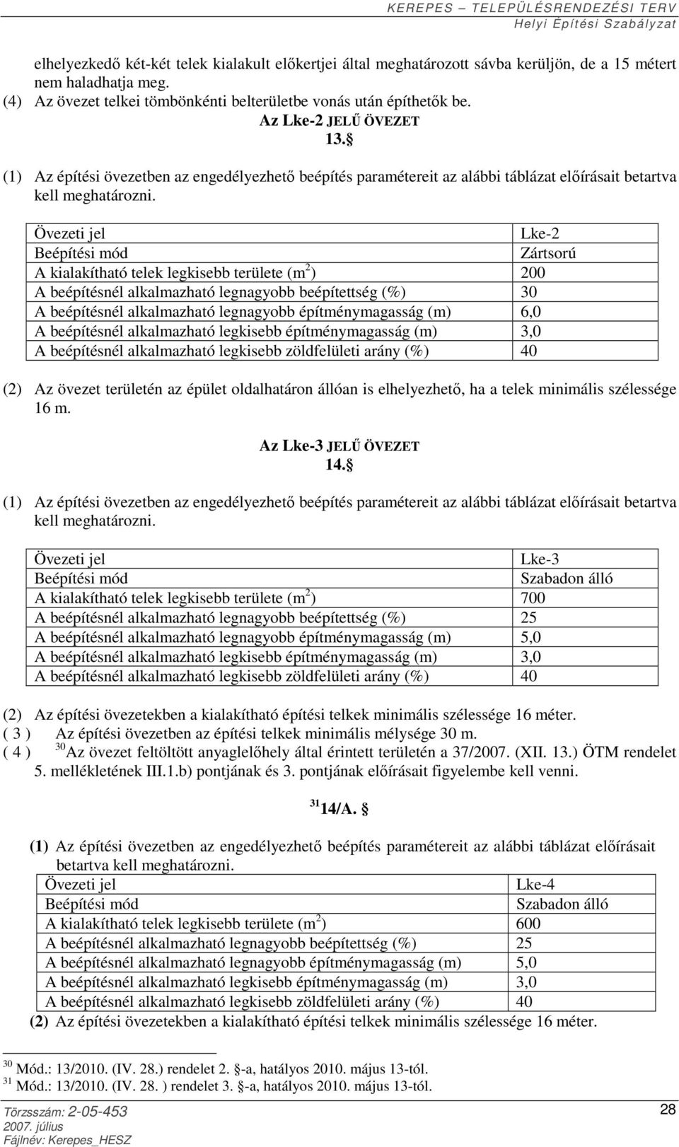 Övezeti jel Lke-2 Zártsorú A kialakítható telek legkisebb területe (m 2 ) 200 A beépítésnél alkalmazható legnagyobb beépítettség (%) 30 A beépítésnél alkalmazható legnagyobb építménymagasság (m) 6,0