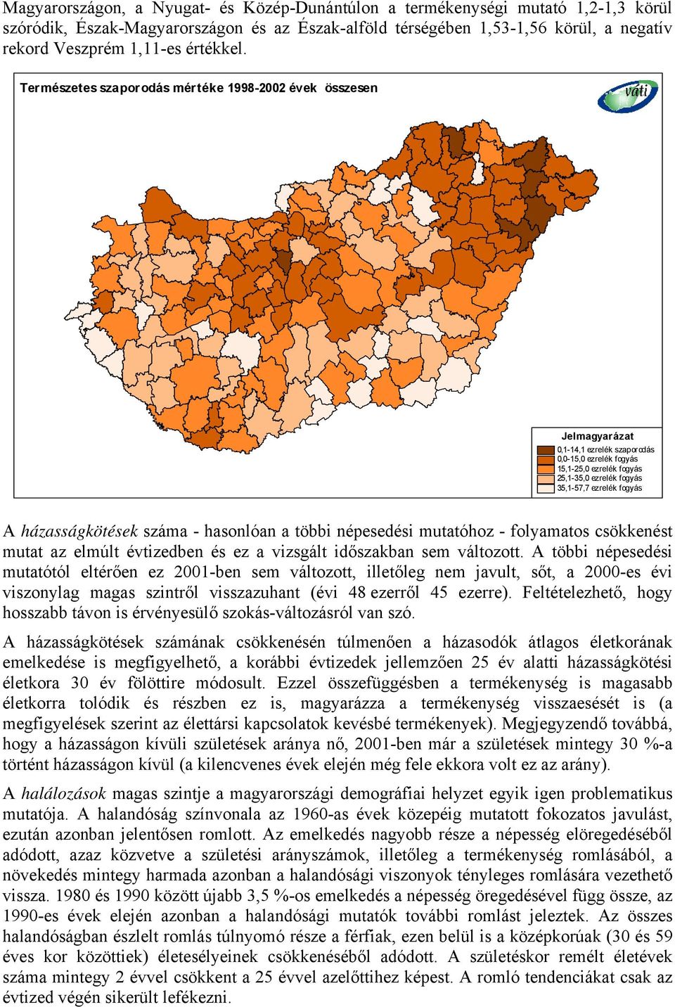 Természetes szaporodás mértéke 1998-2002 évek összesen 0,1-14,1 ezrelék szaporodás 0,0-15,0 ezrelék fogyás 15,1-25,0 ezrelék fogyás 25,1-35,0 ezrelék fogyás 35,1-57,7 ezrelék fogyás A házasságkötések