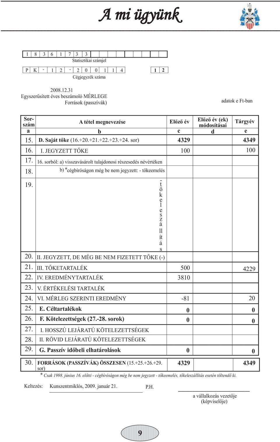 sorból: a) visszavásárolt tulajdonosi részesedés névértéken * b) cégbíróságon még be nem jegyzett: - tőkeemelés 100 100 19. - t ő k el 20. 21. 22. 23. 24. 25. 26. 27. 28. 29.