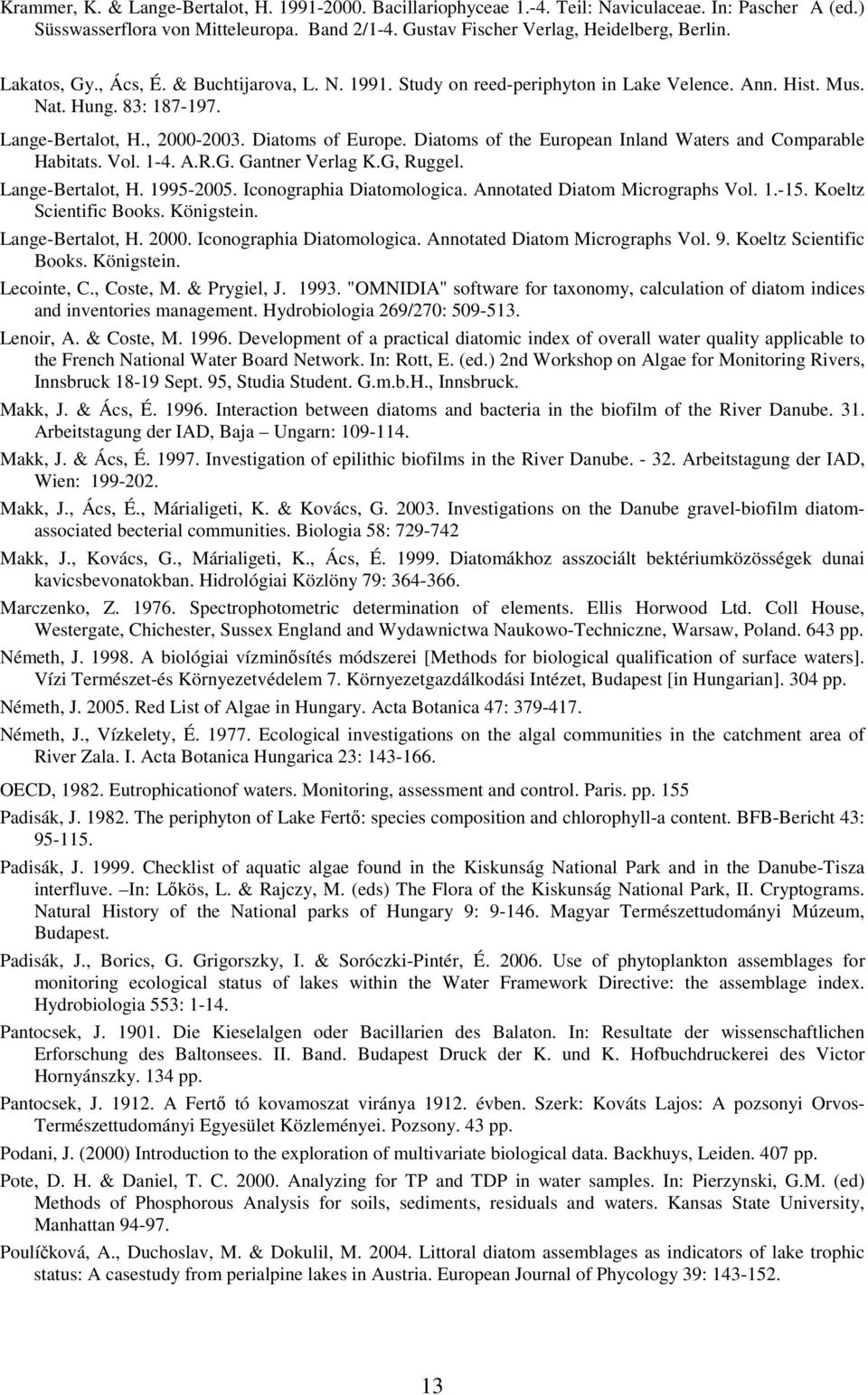 Diatoms of the European Inland Waters and Comparable Habitats. Vol. 1-4. A.R.G. Gantner Verlag K.G, Ruggel. Lange-Bertalot, H. 1995-2005. Iconographia Diatomologica. Annotated Diatom Micrographs Vol.
