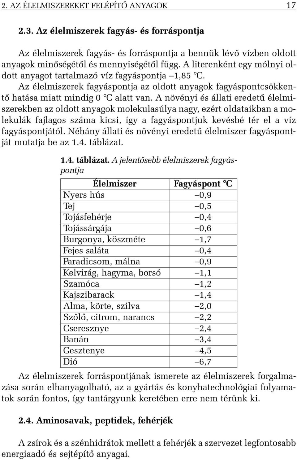 A növényi és állati eredetû élelmiszerekben az oldott anyagok molekulasúlya nagy, ezért oldataikban a molekulák fajlagos száma kicsi, így a fagyáspontjuk kevésbé tér el a víz fagyáspontjától.