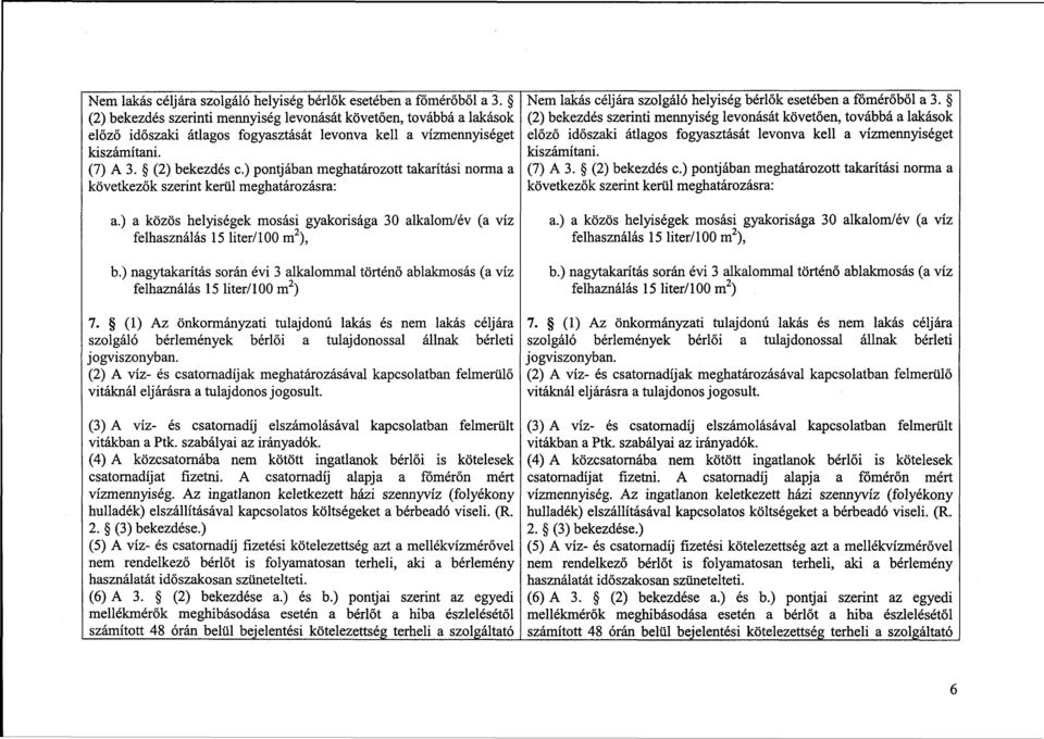 ) pontjában meghatározott takarítási norma a következők szerint kerül meghatározásra: a.) a közös helyiségek mosási gyakorisága 30 alkalom/év (a víz felhasználás 15 liter/100 m 2 ), b.