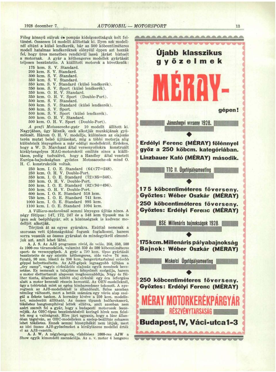 A gyár a kéthengeres modellek gyártását teljesen beszüntette. A kiállított motorok a következők: 175 kcm. S. V. Standard. 200 kcm. S. V. Standard. 300 kcm. S. V. Standard. 350 kcm. S. V. Standard. 350 kcm. S. V. Standard (külső lendkerék).