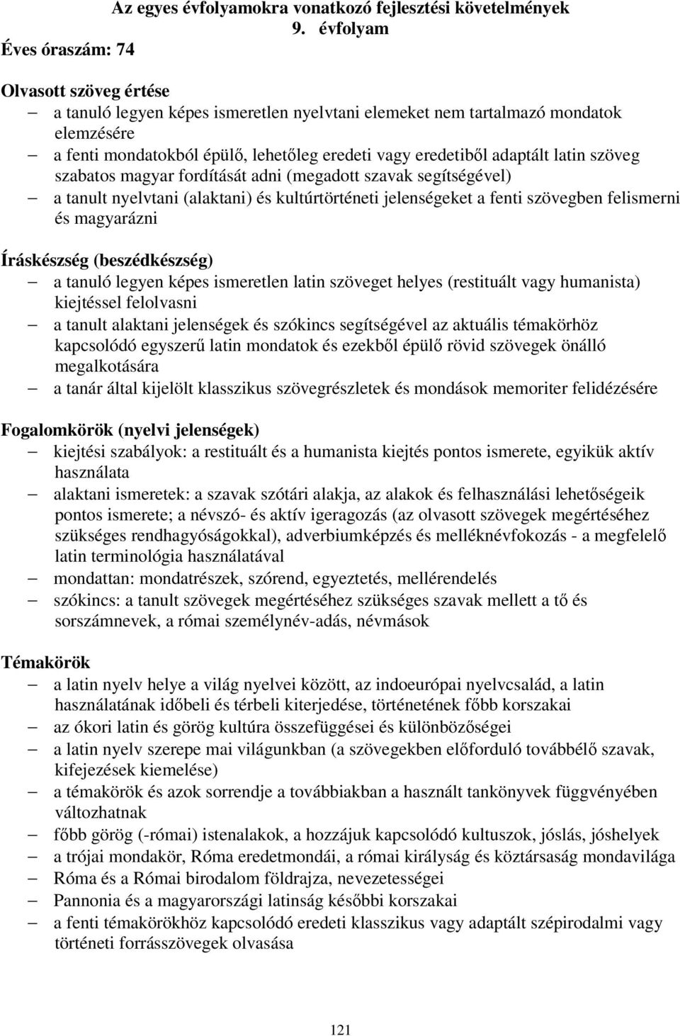 adaptált latin szöveg szabatos magyar fordítását adni (megadott szavak segítségével) a tanult nyelvtani (alaktani) és kultúrtörténeti jelenségeket a fenti szövegben felismerni és magyarázni