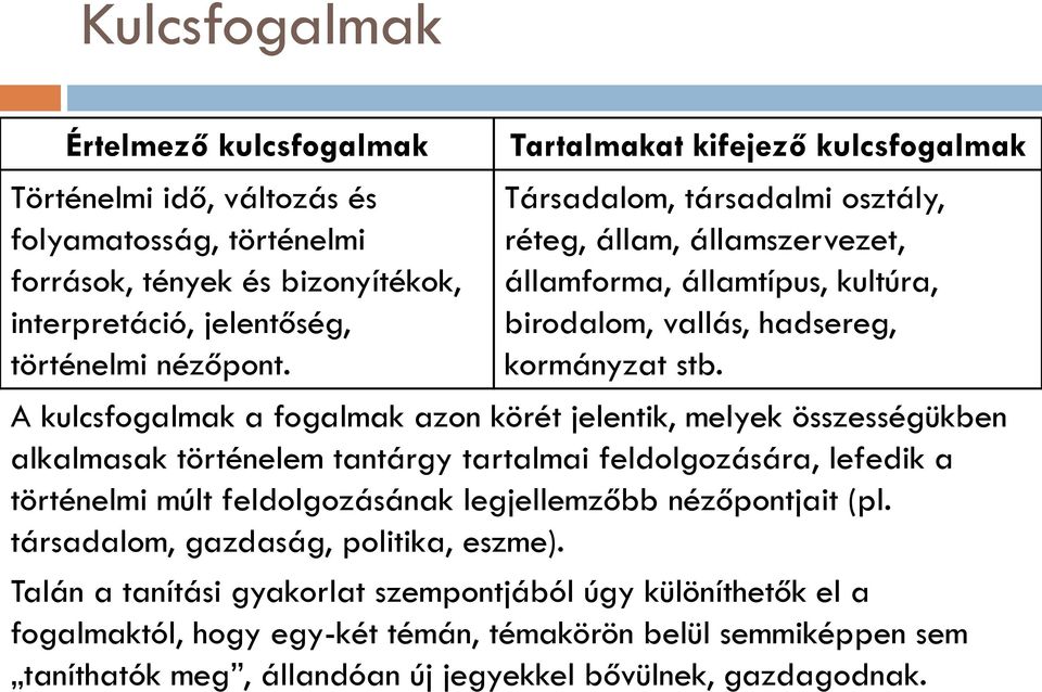 A kulcsfogalmak a fogalmak azon körét jelentik, melyek összességükben alkalmasak történelem tantárgy tartalmai feldolgozására, lefedik a történelmi múlt feldolgozásának legjellemzőbb