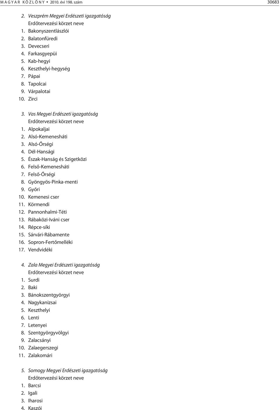 Dél-Hansági 5. Észak-Hanság és Szigetközi 6. Felsõ-Kemenesháti 7. Felsõ-Õrségi 8. Gyöngyös-Pinka-menti 9. Gyõri 10. Kemenesi cser 11. Körmendi 12. Pannonhalmi-Téti 13. Rábaközi-Iváni cser 14.