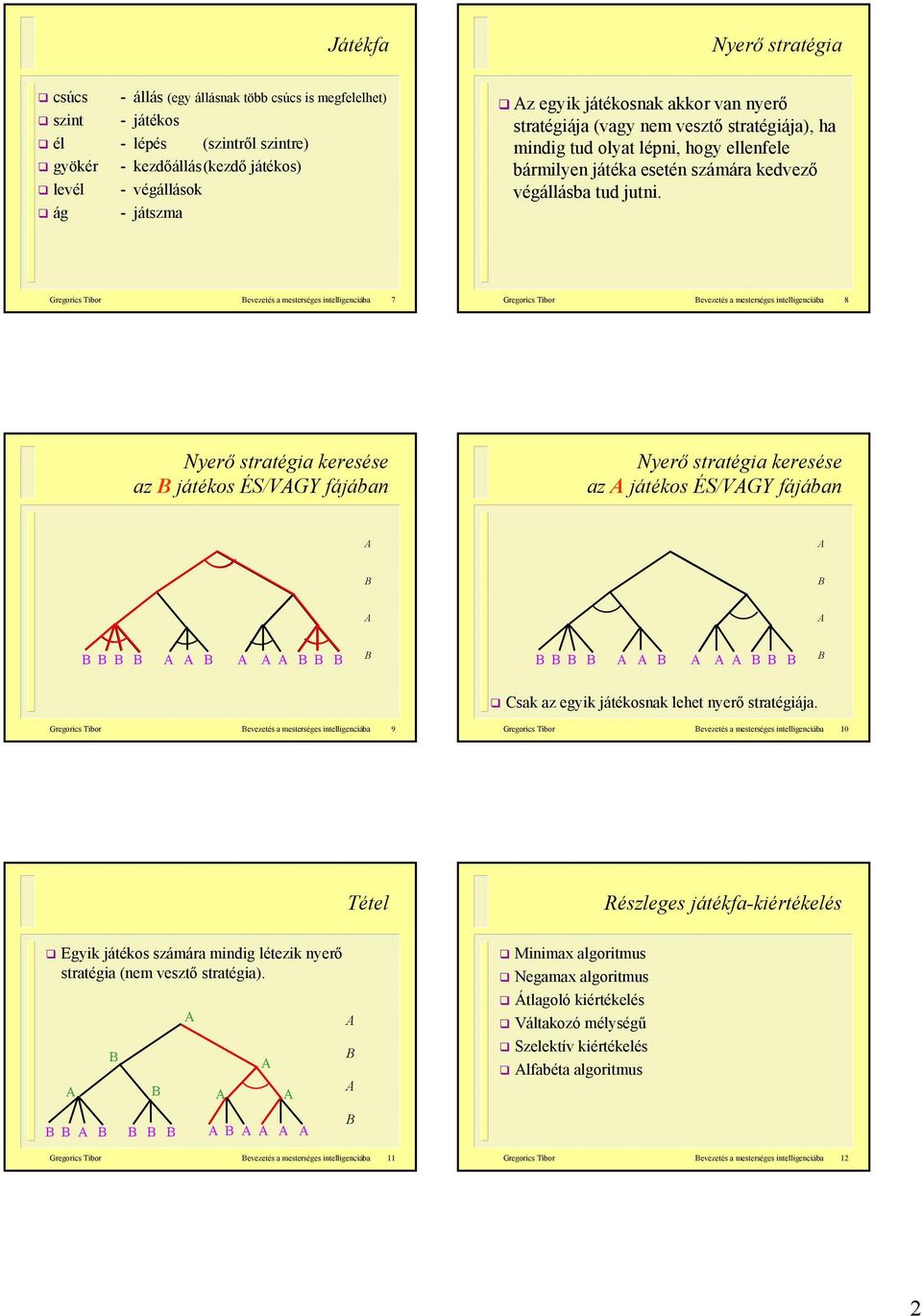 Grgorics Tibor Bvztés a mstrségs intllignciába 7 Grgorics Tibor Bvztés a mstrségs intllignciába 8 Nyrő stratégia krsés az B játékos ÉS/VAGY fájában Nyrő stratégia krsés az A játékos ÉS/VAGY fájában A