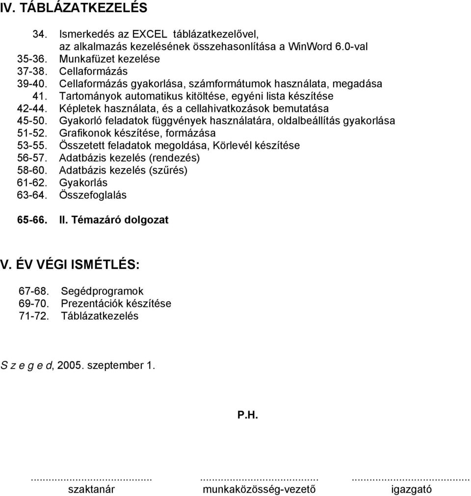 Gyakorló feladatok függvények használatára, oldalbeállítás gyakorlása 51-52. Grafikonok készítése, formázása 53-55. Összetett feladatok megoldása, Körlevél készítése 56-57.