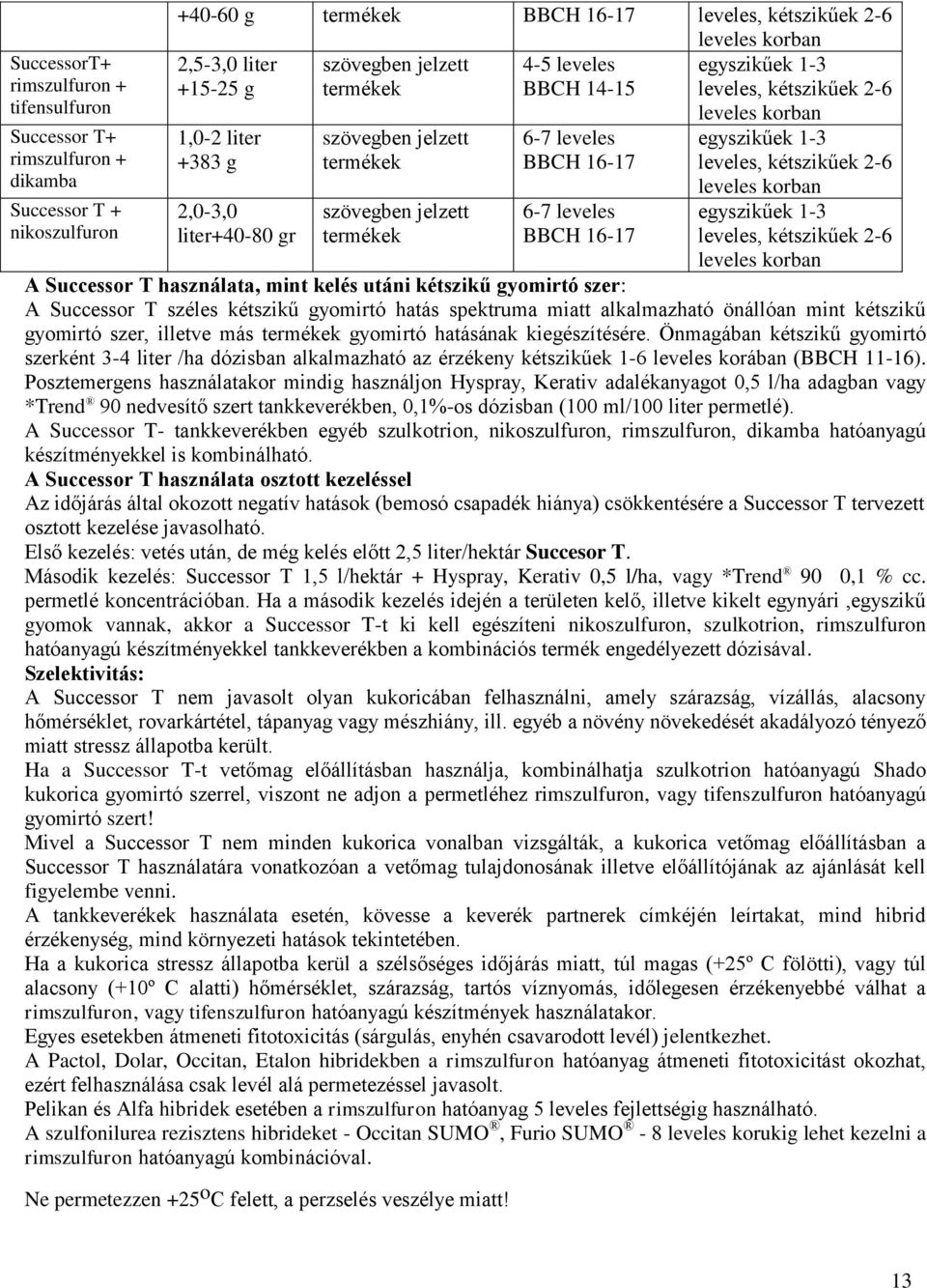 BBCH 16-17 6-7 leveles BBCH 16-17 leveles korban egyszikűek 1-3 leveles, kétszikűek 2-6 leveles korban egyszikűek 1-3 leveles, kétszikűek 2-6 leveles korban A Successor T használata, mint kelés utáni