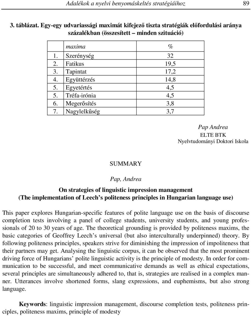 Nagylelkűség 3,7 Pap Andrea ELTE BTK Nyelvtudományi Doktori Iskola SUMMARY Pap, Andrea On strategies of linguistic impression management (The implementation of Leech s politeness principles in