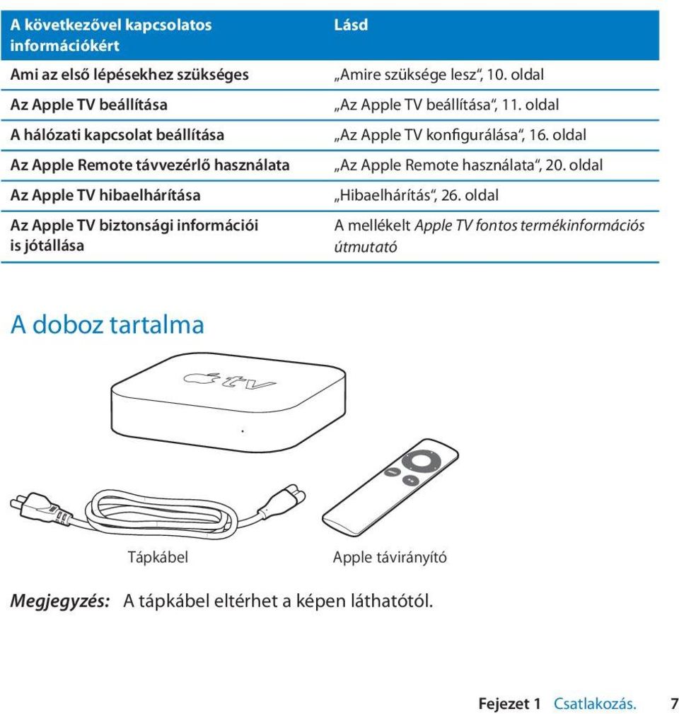 oldal Az Apple TV beállítása, 11. oldal Az Apple TV konfigurálása, 16. oldal Az Apple Remote használata, 20. oldal Hibaelhárítás, 26.