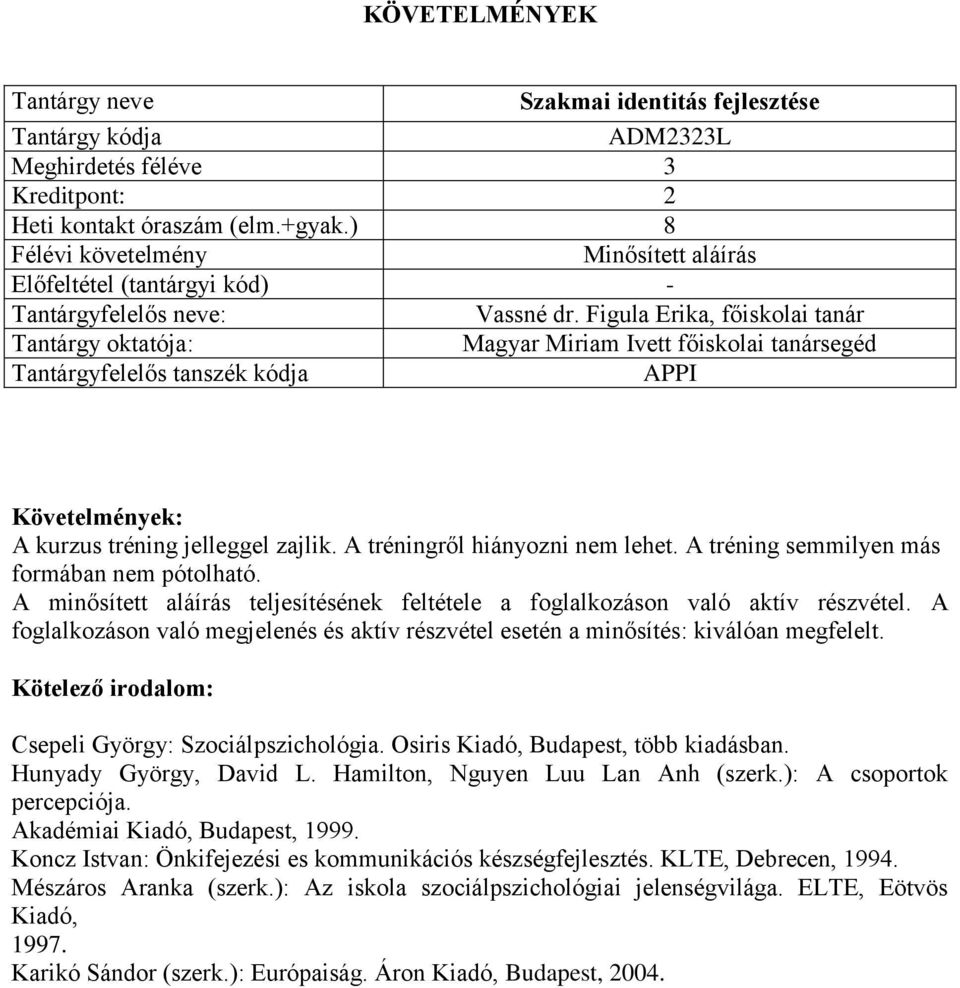 A minősített aláírás teljesítésének feltétele a foglalkozáson való aktív részvétel. A foglalkozáson való megjelenés és aktív részvétel esetén a minősítés: kiválóan megfelelt.