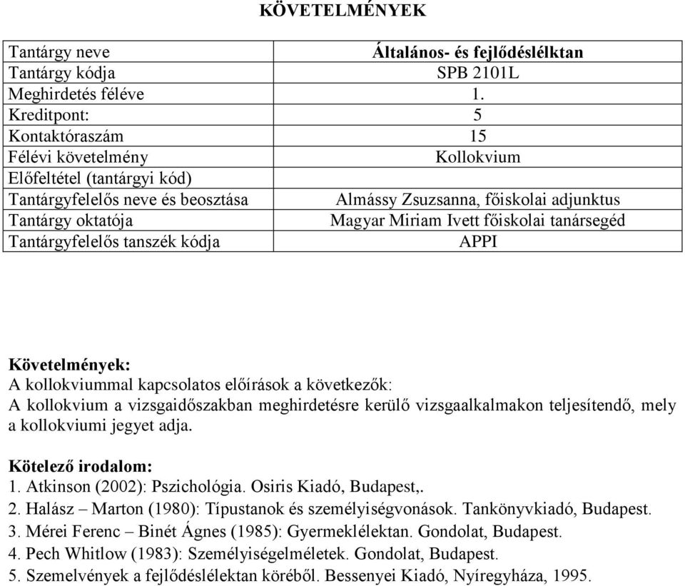 kollokvium a vizsgaidőszakban meghirdetésre kerülő vizsgaalkalmakon teljesítendő, mely a kollokviumi jegyet adja. 1. Atkinson (2002): Pszichológia. Osiris Kiadó, Budapest,. 2.