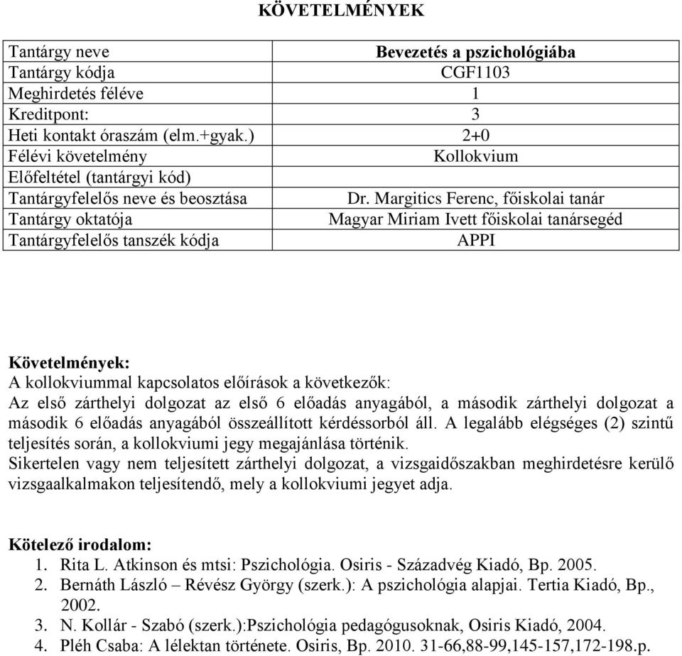 anyagából összeállított kérdéssorból áll. A legalább elégséges (2) szintű teljesítés során, a kollokviumi jegy megajánlása történik.