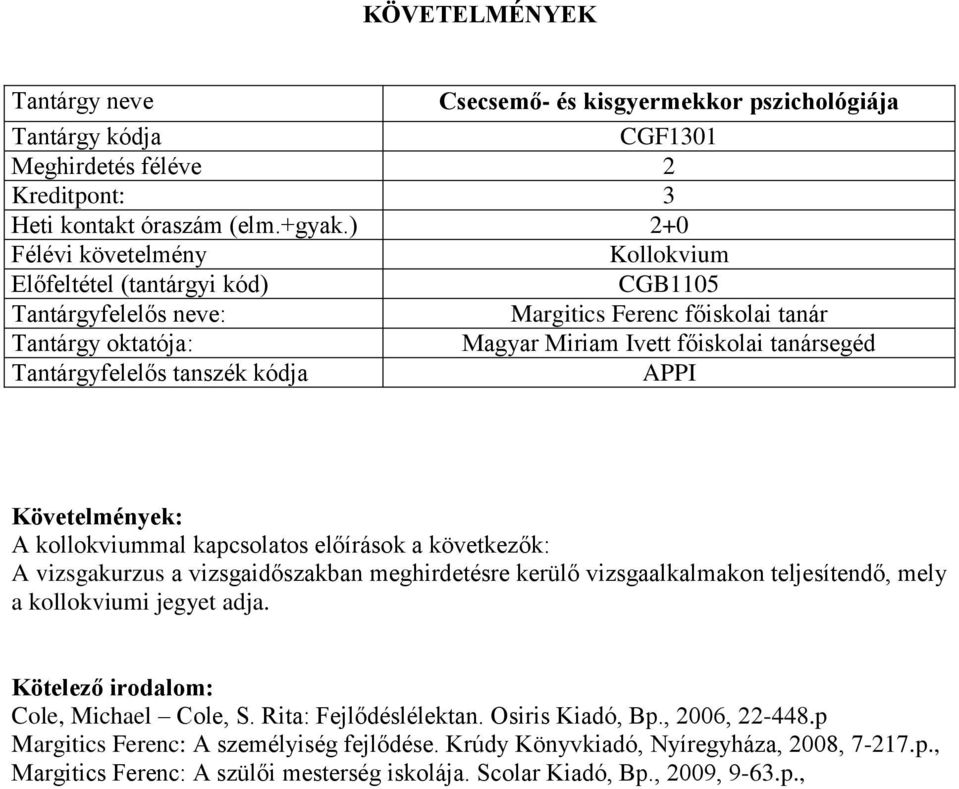 vizsgaidőszakban meghirdetésre kerülő vizsgaalkalmakon teljesítendő, mely a kollokviumi jegyet adja. Cole, Michael Cole, S. Rita: Fejlődéslélektan.