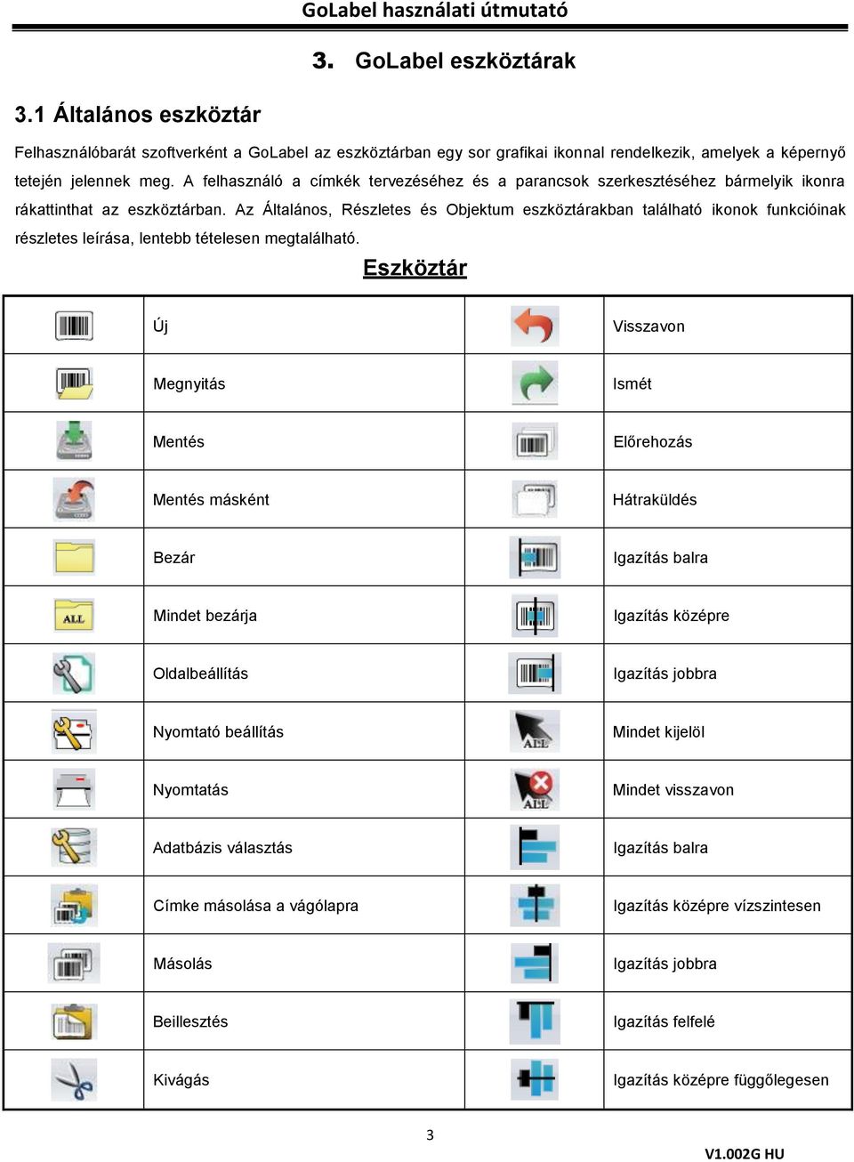 Az Általános, Részletes és Objektum eszköztárakban található ikonok funkcióinak részletes leírása, lentebb tételesen megtalálható.