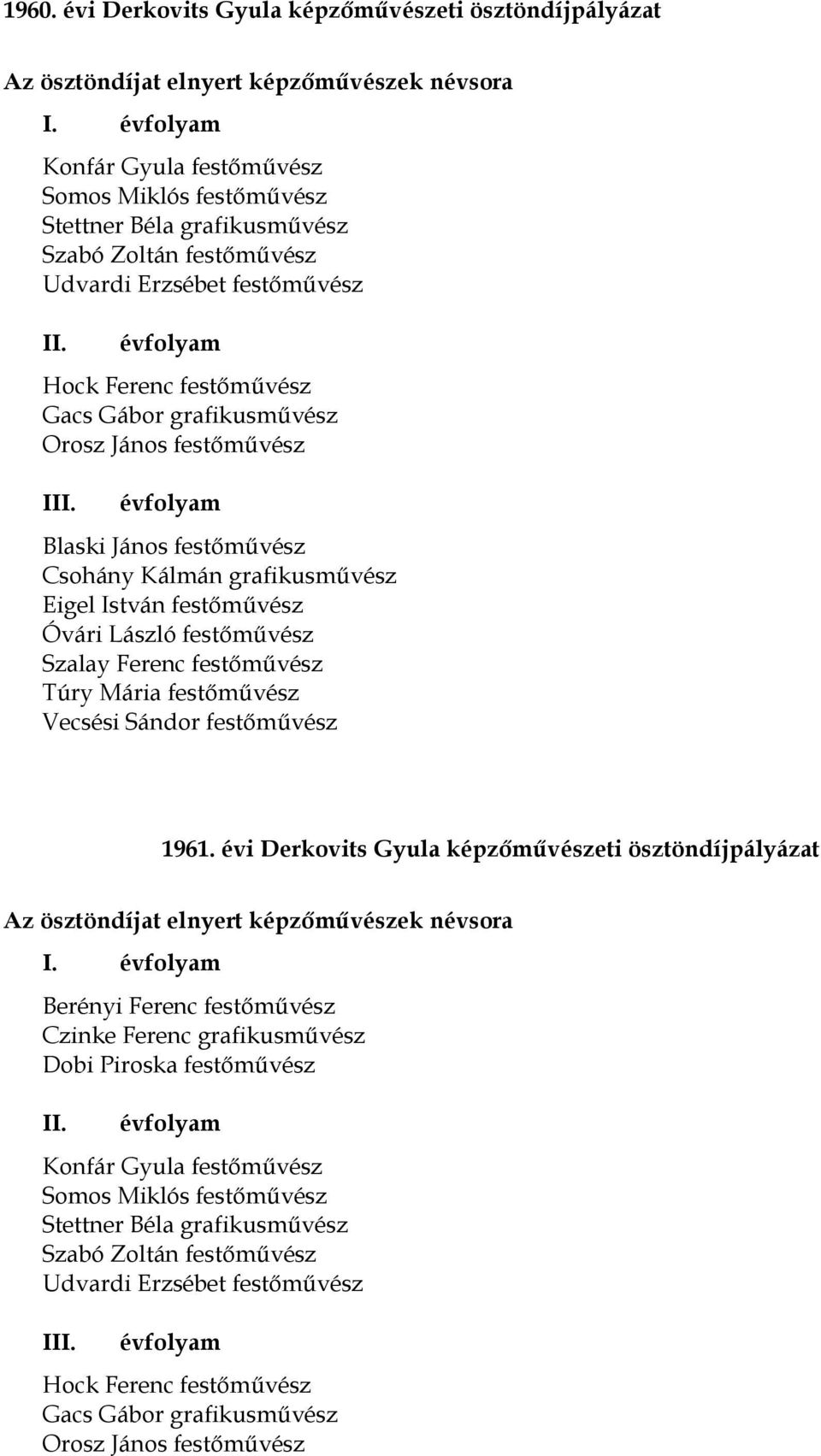 festőművész I Blaski János festőművész Csohány Kálmán grafikusművész Eigel István festőművész Óvári László festőművész Szalay Ferenc festőművész Túry Mária festőművész Vecsési Sándor festőművész 1961.