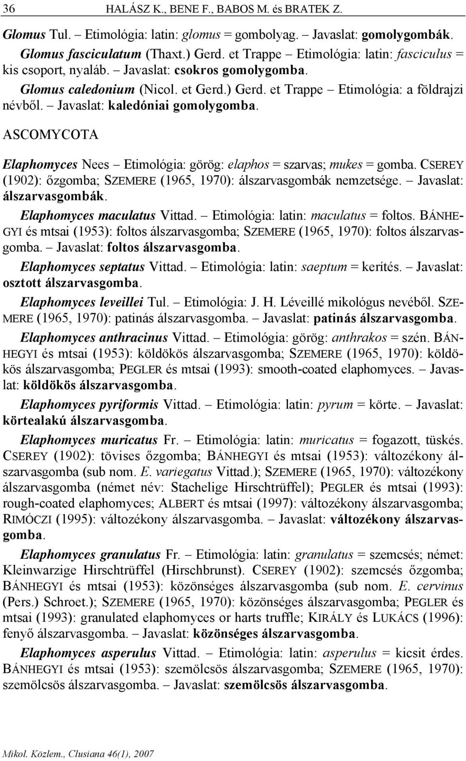 Javaslat: kaledóniai gomolygomba. ASCOMYCOTA Elaphomyces Nees Etimológia: görög: elaphos = szarvas; mukes = gomba. CSEREY (1902): őzgomba; SZEMERE (1965, 1970): álszarvasgombák nemzetsége.