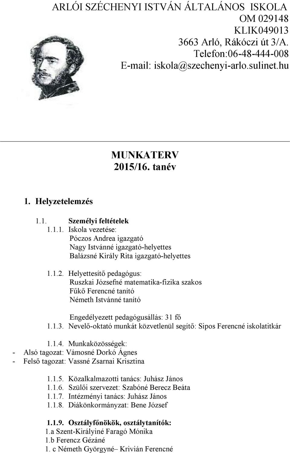 Helyettesítő pedagógus: Ruszkai Józsefné matematika-fizika szakos Fűkő Ferencné tanító Németh Istvánné tanító Engedélyezett pedagógusállás: 31