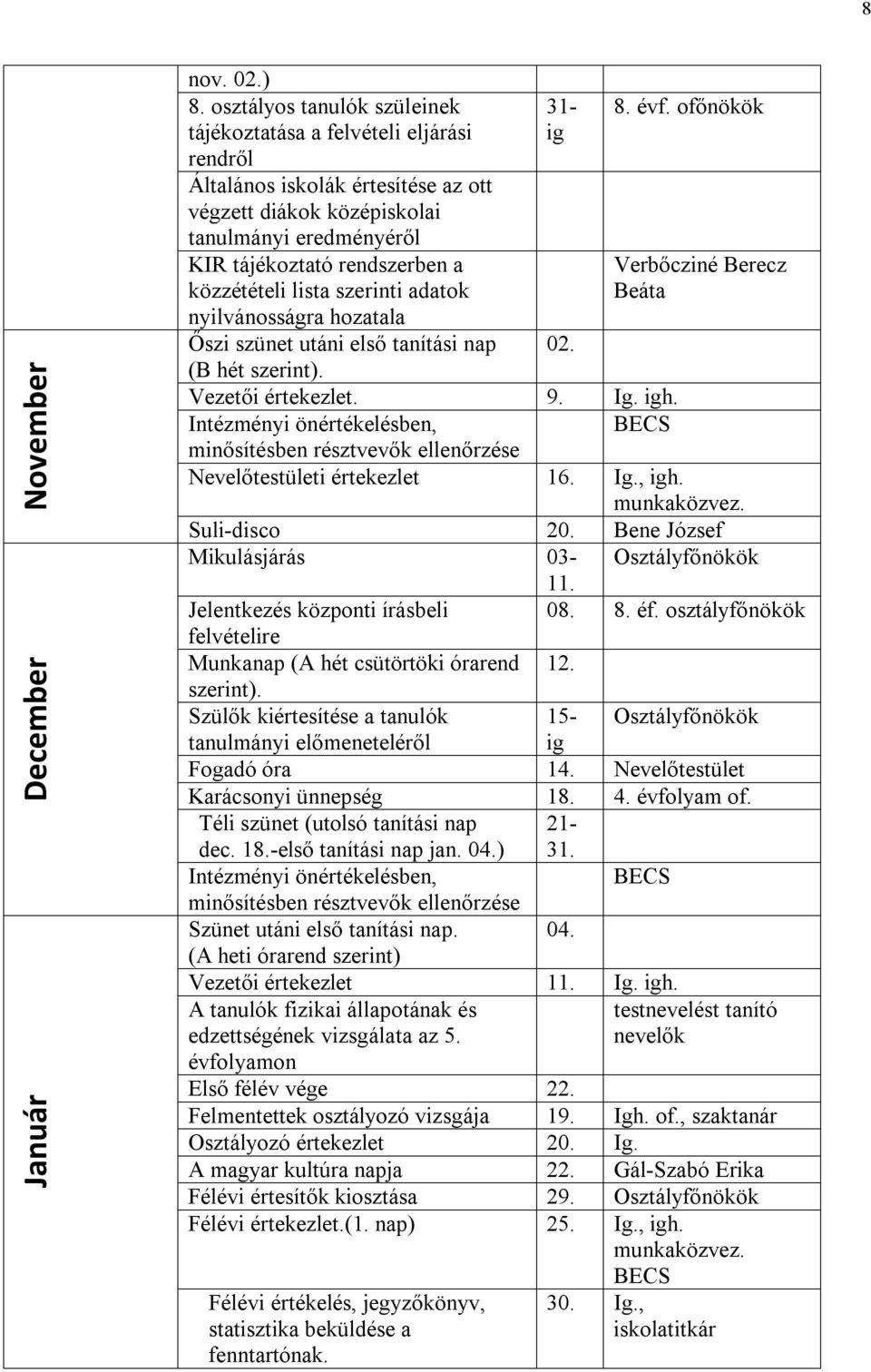 közzétételi lista szerinti adatok nyilvánosságra hozatala Őszi szünet utáni első tanítási nap (B hét szerint). 31- ig 02. 8. évf. ofőnökök Verbőcziné Berecz Beáta Vezetői értekezlet. 9. Ig. igh.