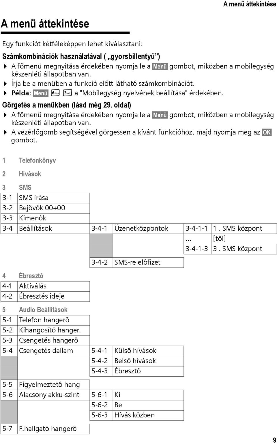 oldal) A főmenü megnyitása érdekében nyomja le a Menü gombot, miközben a mobilegység készenléti állapotban van. A vezérlőgomb segítségével görgessen a kívánt funkcióhoz, majd nyomja meg az OK gombot.