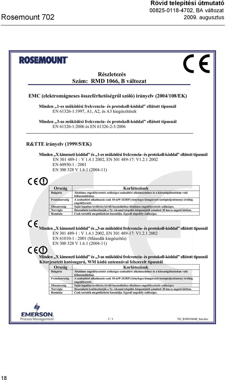 61326-1:1997, A1, A2, és A3 kiegészítések Minden 3-as m ködési frekvencia- és protokoll-kóddal ellátott típusnál EN 61326-1:2006 és EN 61326-2-3:2006 R&TTE irányelv (1999/5/EK) Minden X kimeneti