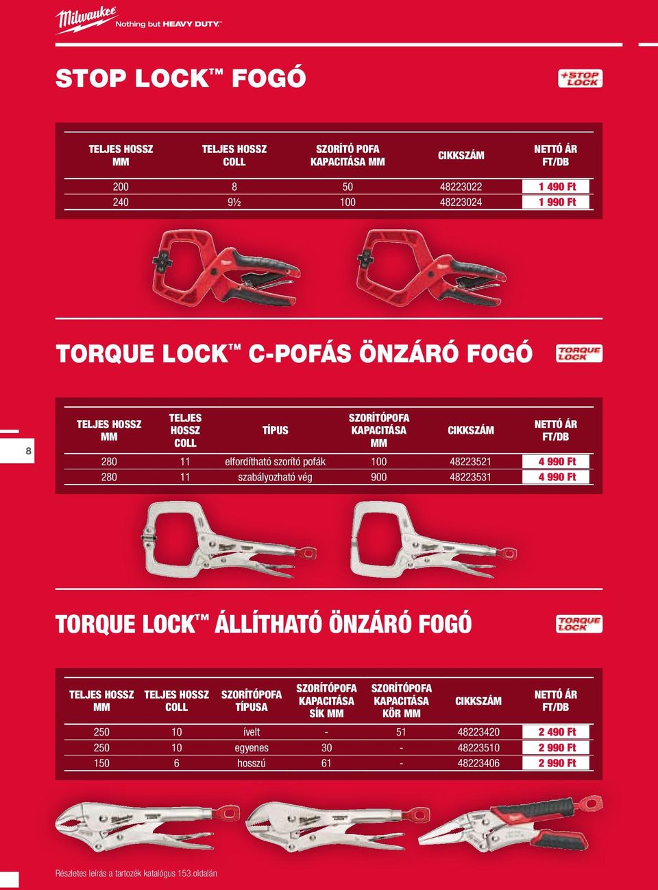 48223531 4 990 Ft TORQUE LOCK ÁLLÍTHATÓ ÖNZÁRÓ FOGÓ Teljes hossz Teljes hossz coll Szorítópofa típusa Szorítópofa kapacitása sík Szorítópofa kapacitása