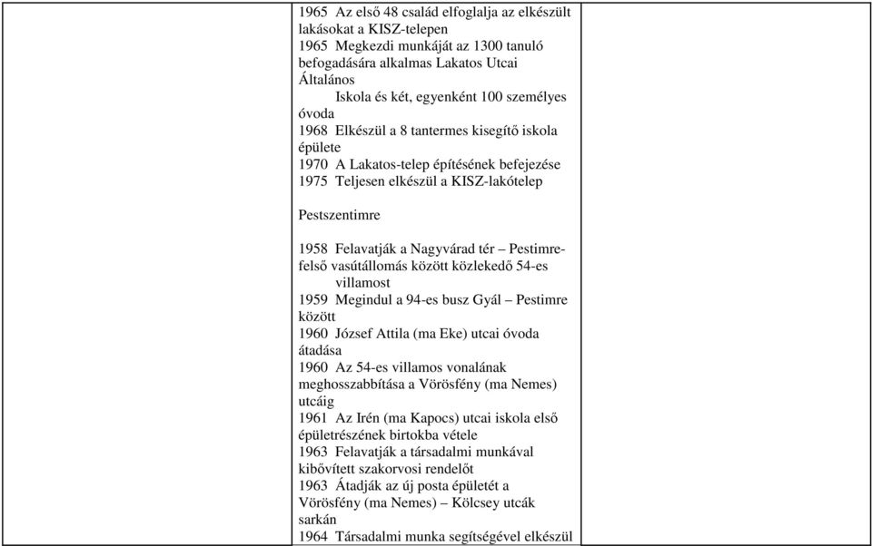 Pestimrefelső vasútállomás között közlekedő 54-es villamost 1959 Megindul a 94-es busz Gyál Pestimre között 1960 József Attila (ma Eke) utcai óvoda átadása 1960 Az 54-es villamos vonalának