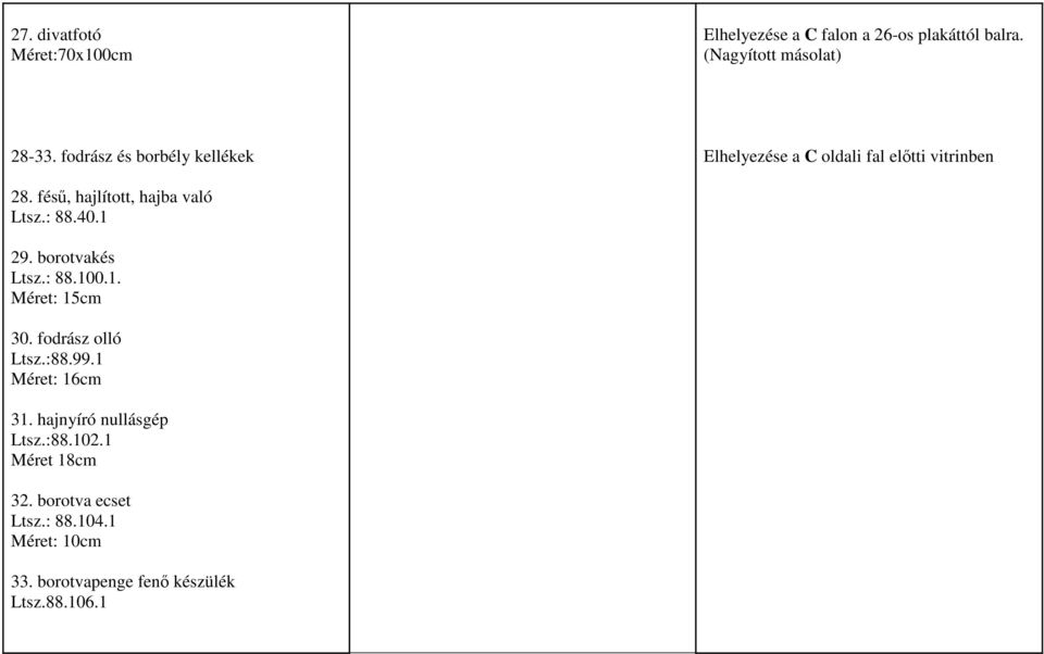 : 88.40.1 29. borotvakés Ltsz.: 88.100.1. Méret: 15cm 30. fodrász olló Ltsz.:88.99.1 Méret: 16cm 31.