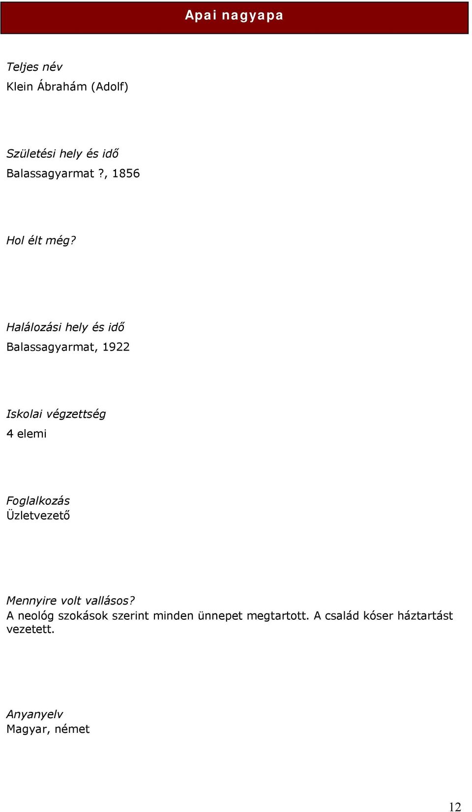 Halálozási hely és idő Balassagyarmat, 1922 Iskolai végzettség 4 elemi Foglalkozás