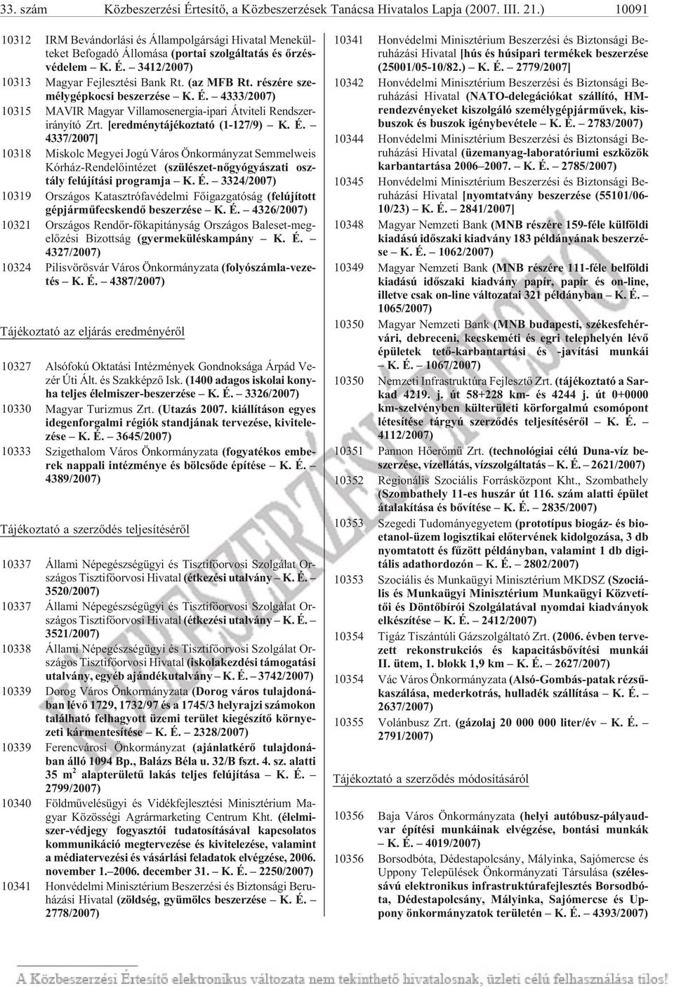 3412/2007) 10313 Ma gyar Fej lesz té si Bank Rt. (az MFB Rt. ré szé re sze - mély gép ko csi be szer zé se K. É. 4333/2007) 10315 MAVIR Magyar Villamosenergia-ipari Átviteli Rendszerirányító Zrt.